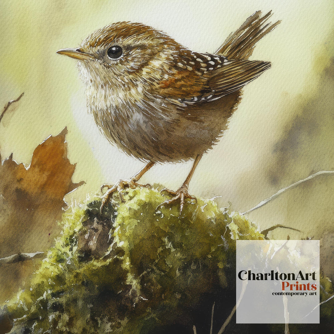 Wren on a Mossy Mound Watercolor Print Cottagecore Decor Dark Academia Art Enchanted Wildlife Illustration Vintage Nature Wall Art
