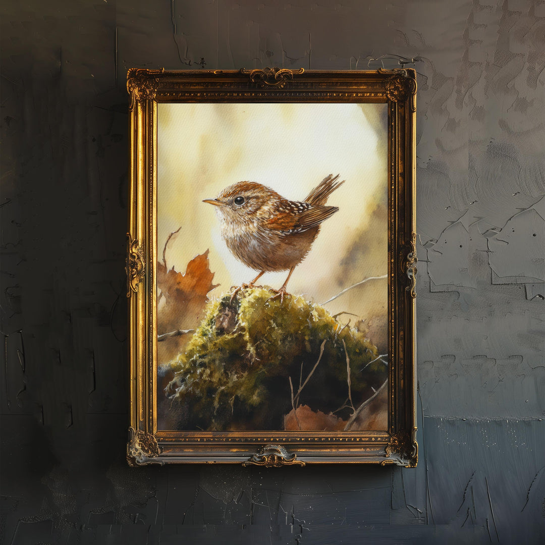 Wren on a Mossy Mound Watercolor Print Cottagecore Decor Dark Academia Art Enchanted Wildlife Illustration Vintage Nature Wall Art