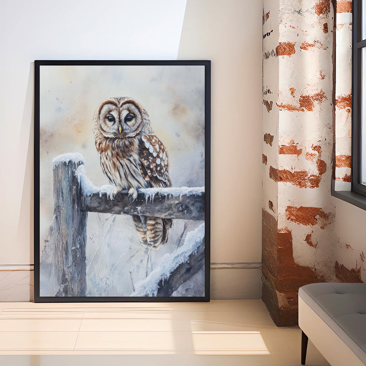 Owl on a Snowy Fence Watercolor Print Cottagecore Decor Dark Academia Art Enchanted Wildlife Illustration Vintage Nature Wall Art