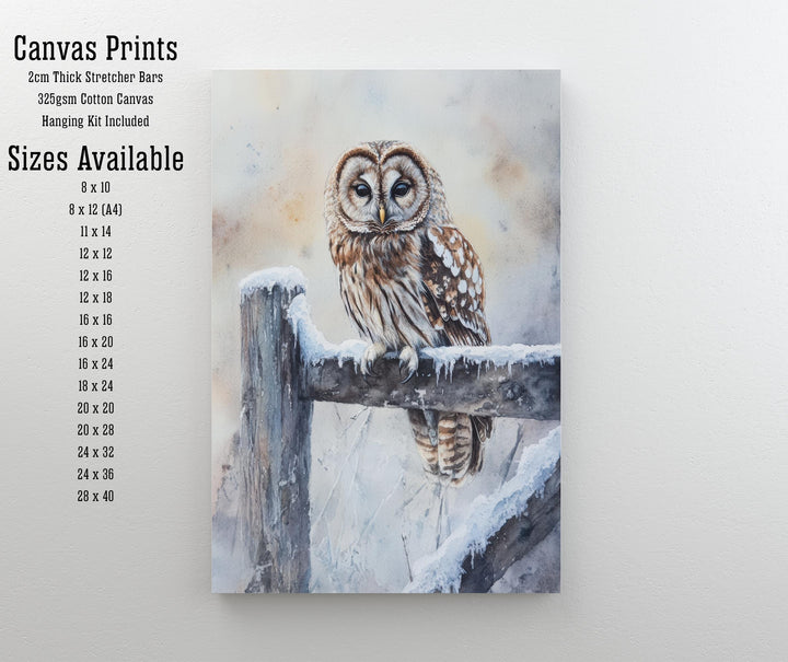 Owl on a Snowy Fence Watercolor Print Cottagecore Decor Dark Academia Art Enchanted Wildlife Illustration Vintage Nature Wall Art