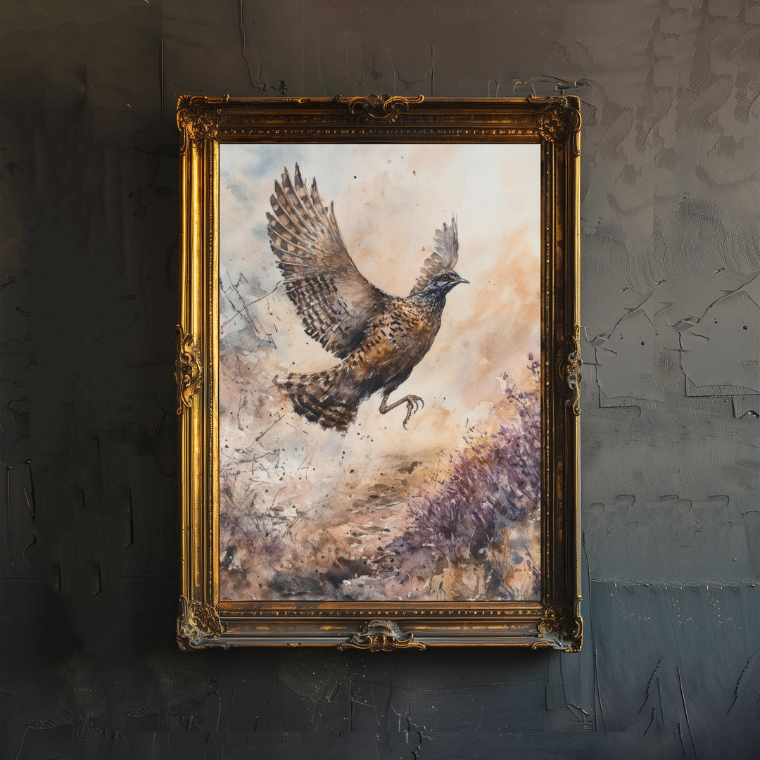 Grouse in Flight Watercolor Print Cottagecore Decor Dark Academia Art Enchanted Wildlife Illustration Vintage Nature Wall Art