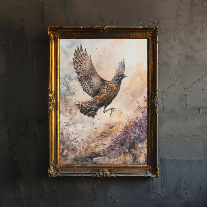 Grouse in Flight Watercolor Print Cottagecore Decor Dark Academia Art Enchanted Wildlife Illustration Vintage Nature Wall Art