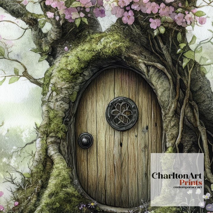 Fairy Door in a Blossoming Tree Watercolor Print Cottagecore Decor Magical Fantasy Illustration Vintage Wall Art