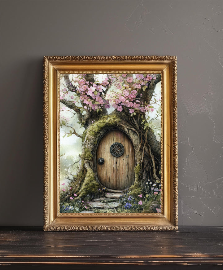 Fairy Door in a Blossoming Tree Watercolor Print Cottagecore Decor Magical Fantasy Illustration Vintage Wall Art