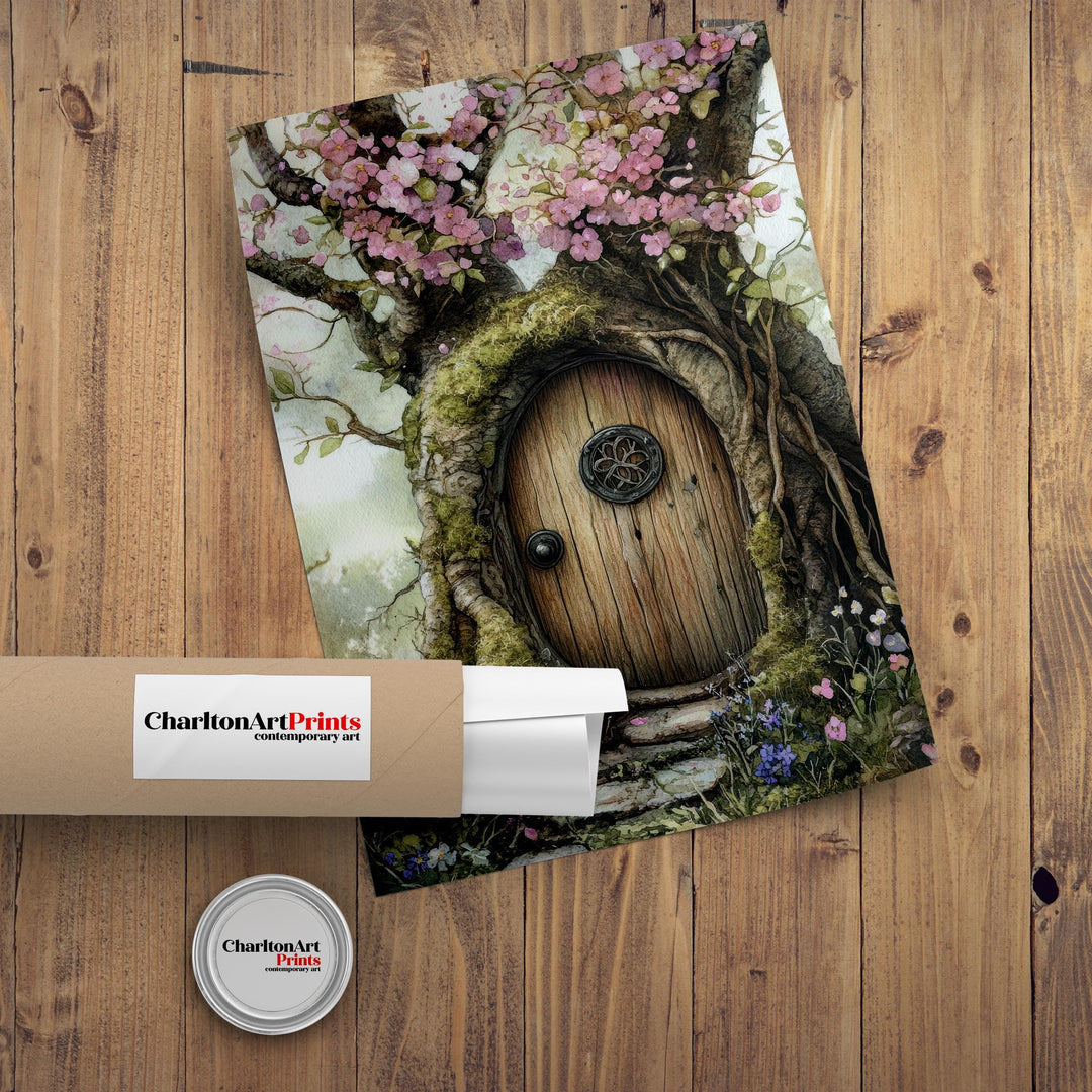 Fairy Door in a Blossoming Tree Watercolor Print Cottagecore Decor Magical Fantasy Illustration Vintage Wall Art