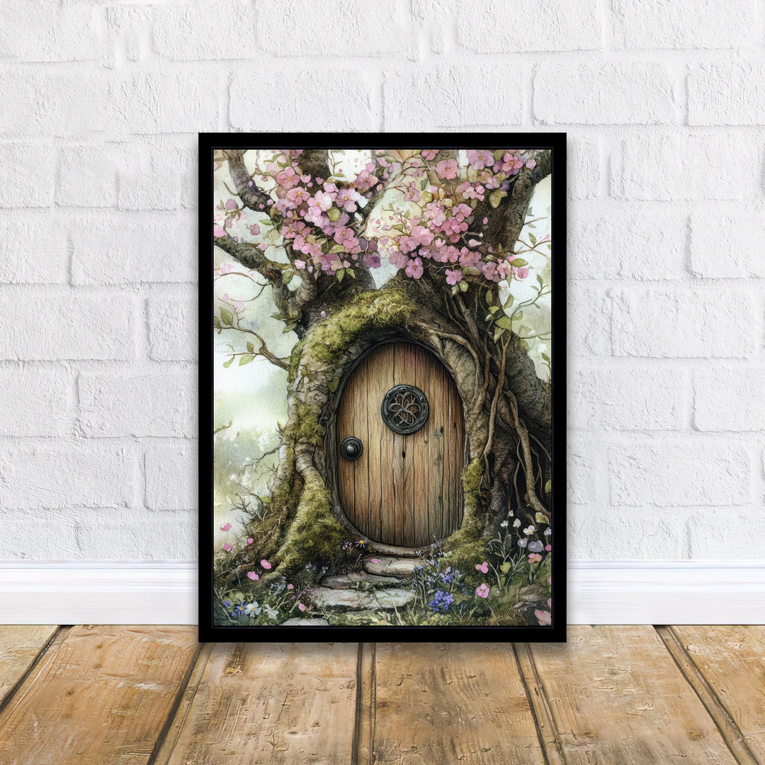 Fairy Door in a Blossoming Tree Watercolor Print Cottagecore Decor Magical Fantasy Illustration Vintage Wall Art