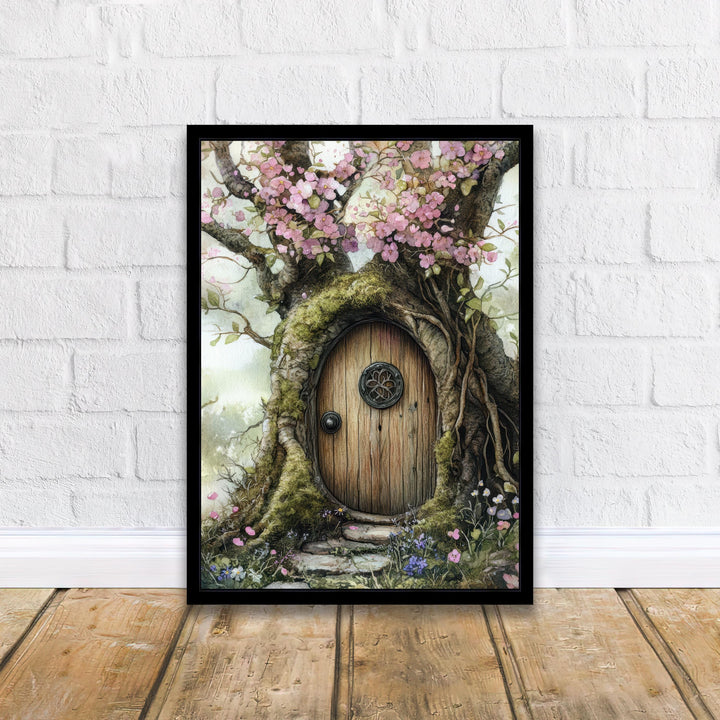 Fairy Door in a Blossoming Tree Watercolor Print Cottagecore Decor Magical Fantasy Illustration Vintage Wall Art