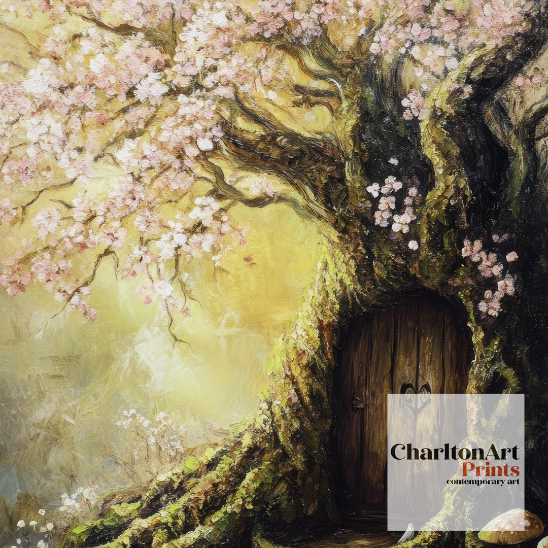 Magical Fairy Door in a Flowering Tree Print Cottagecore Decor Enchanted Fantasy Illustration Whimsical Wall Art