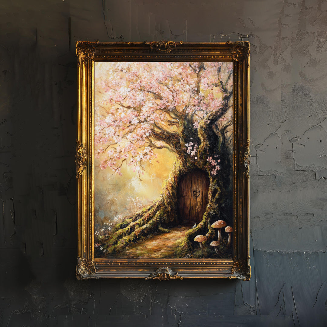 Magical Fairy Door in a Flowering Tree Print Cottagecore Decor Enchanted Fantasy Illustration Whimsical Wall Art