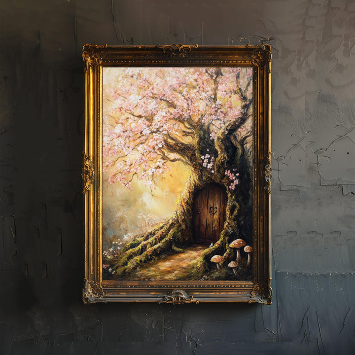 Magical Fairy Door in a Flowering Tree Print Cottagecore Decor Enchanted Fantasy Illustration Whimsical Wall Art
