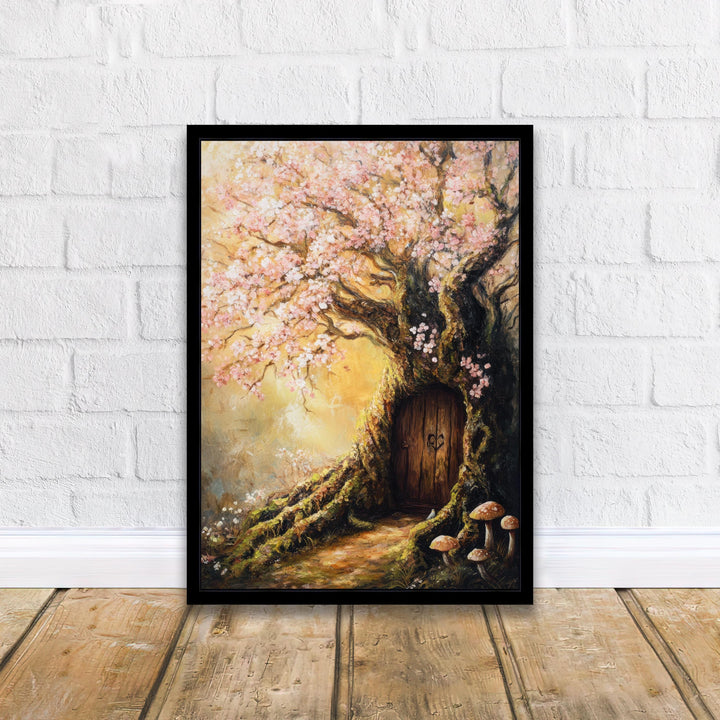 Magical Fairy Door in a Flowering Tree Print Cottagecore Decor Enchanted Fantasy Illustration Whimsical Wall Art