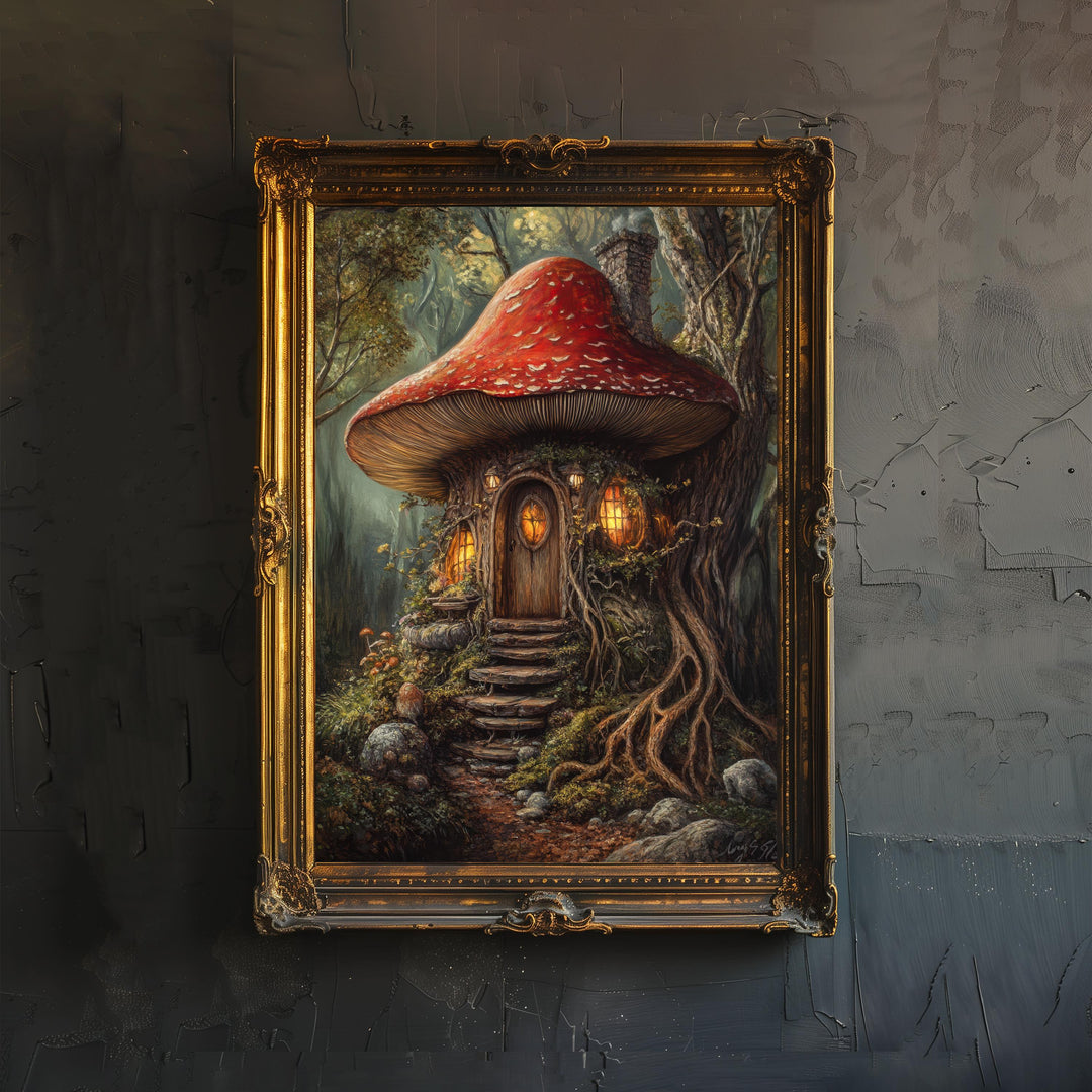 Magical Mushroom House Art Cottagecore Decor Whimsical Fantasy Illustration Enchanted Forest Wall Art