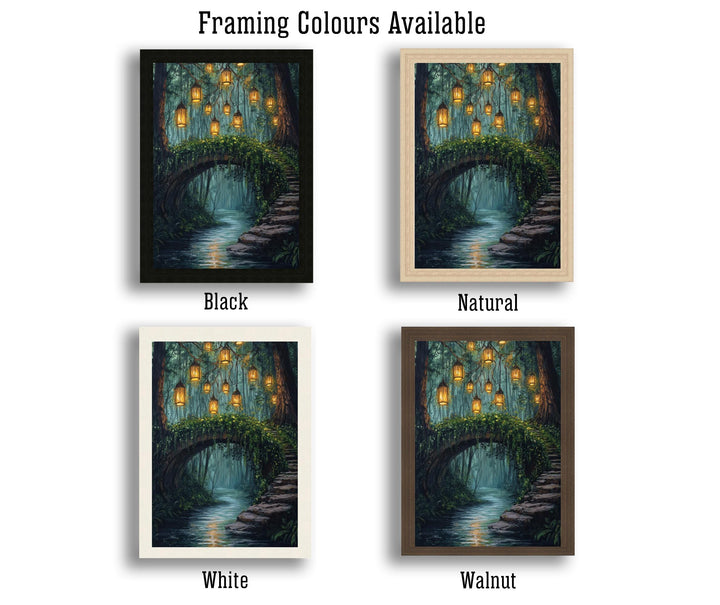 Enchanted Bridge with Lanterns Print Cottagecore Decor Dark Academia Art Magical Forest Illustration Vintage Wall Art