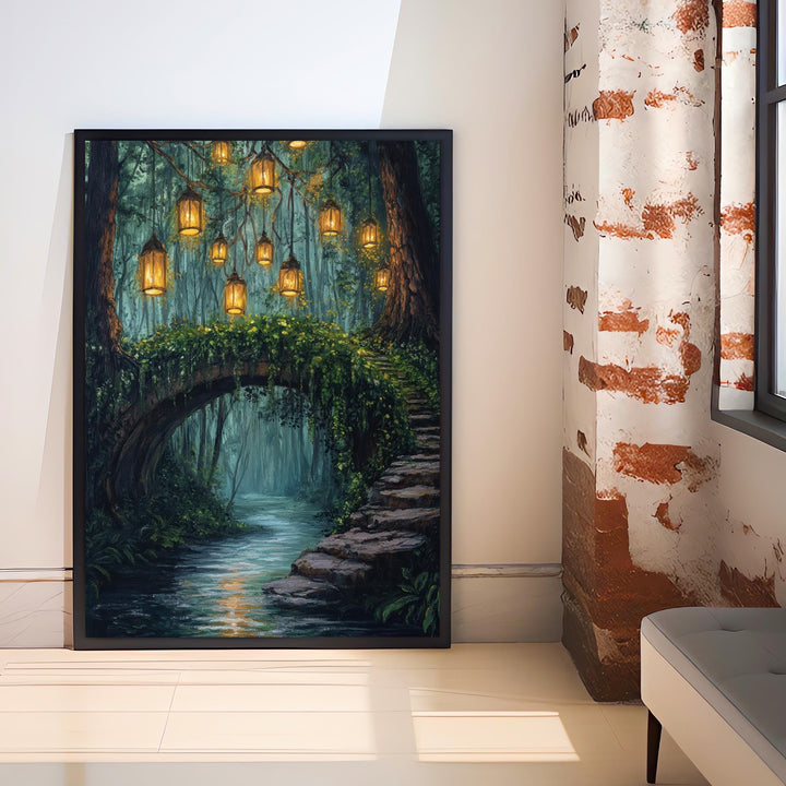 Enchanted Bridge with Lanterns Print Cottagecore Decor Dark Academia Art Magical Forest Illustration Vintage Wall Art