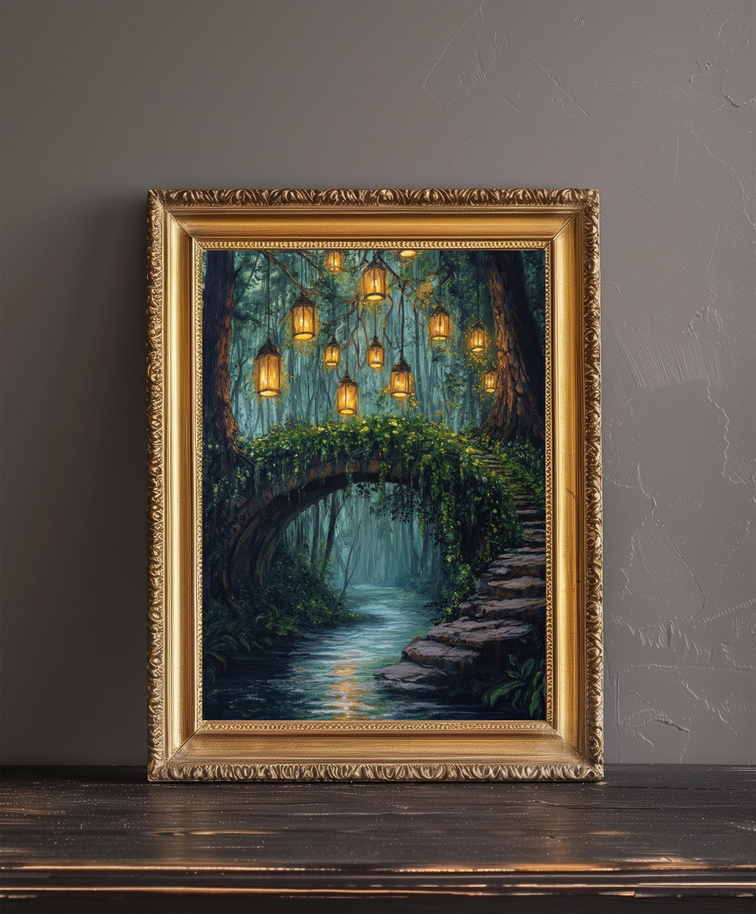 Enchanted Bridge with Lanterns Print Cottagecore Decor Dark Academia Art Magical Forest Illustration Vintage Wall Art
