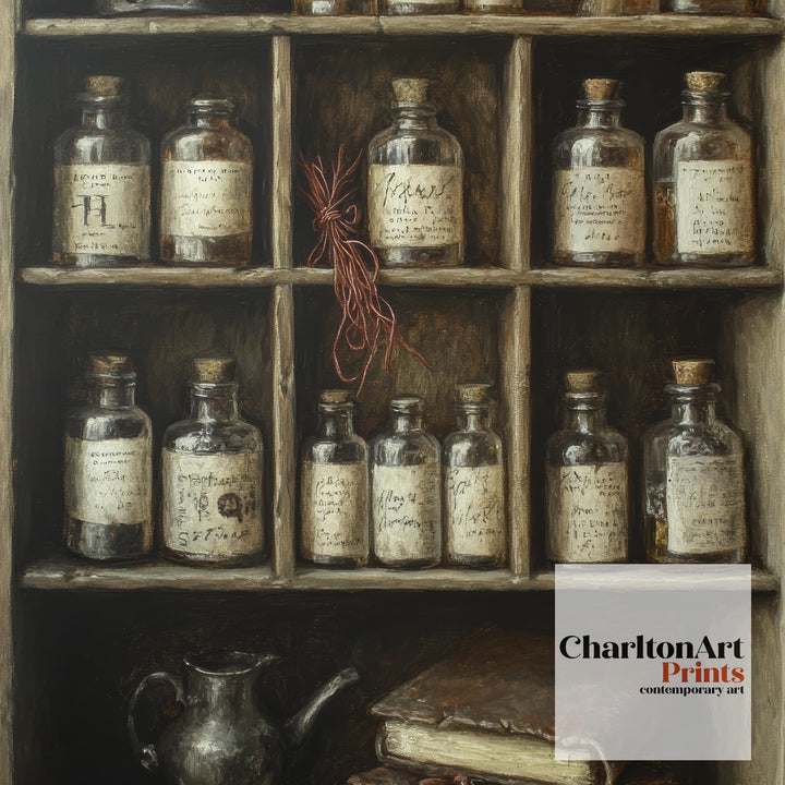 Vintage Apothecary Cabinet Print Dark Academia Art Witchy Decor Magical Herbalism Illustration Moody Wall Art