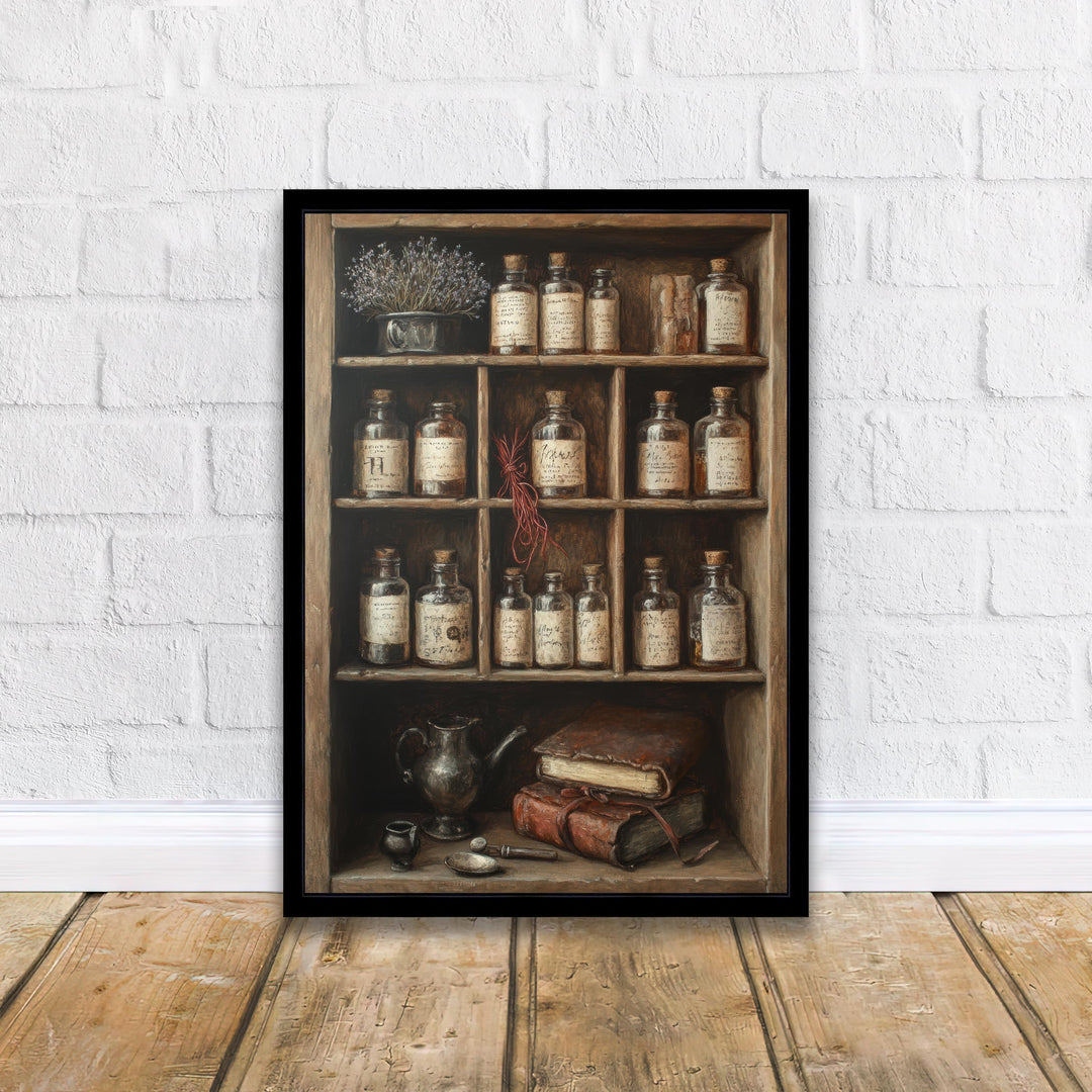 Vintage Apothecary Cabinet Print Dark Academia Art Witchy Decor Magical Herbalism Illustration Moody Wall Art