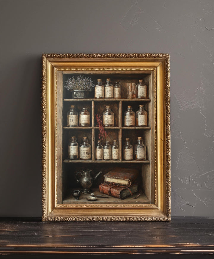 Vintage Apothecary Cabinet Print Dark Academia Art Witchy Decor Magical Herbalism Illustration Moody Wall Art