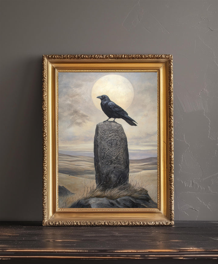 Raven on Celtic Standing Stone Print Mythical Decor Gothic Wall Art Dark Academia Art Folkloric Illustration