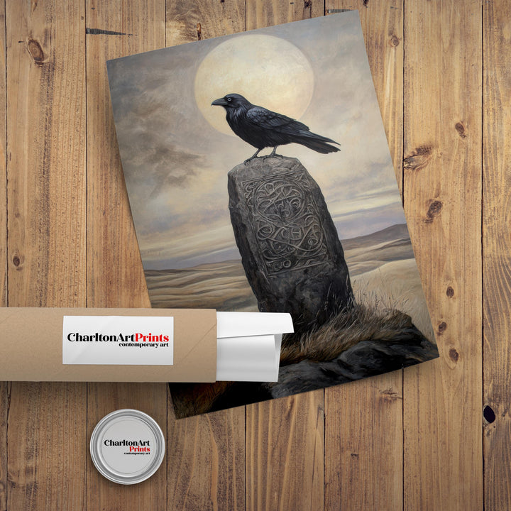 Raven on Celtic Standing Stone Print Mythical Decor Gothic Wall Art Dark Academia Art Folkloric Illustration