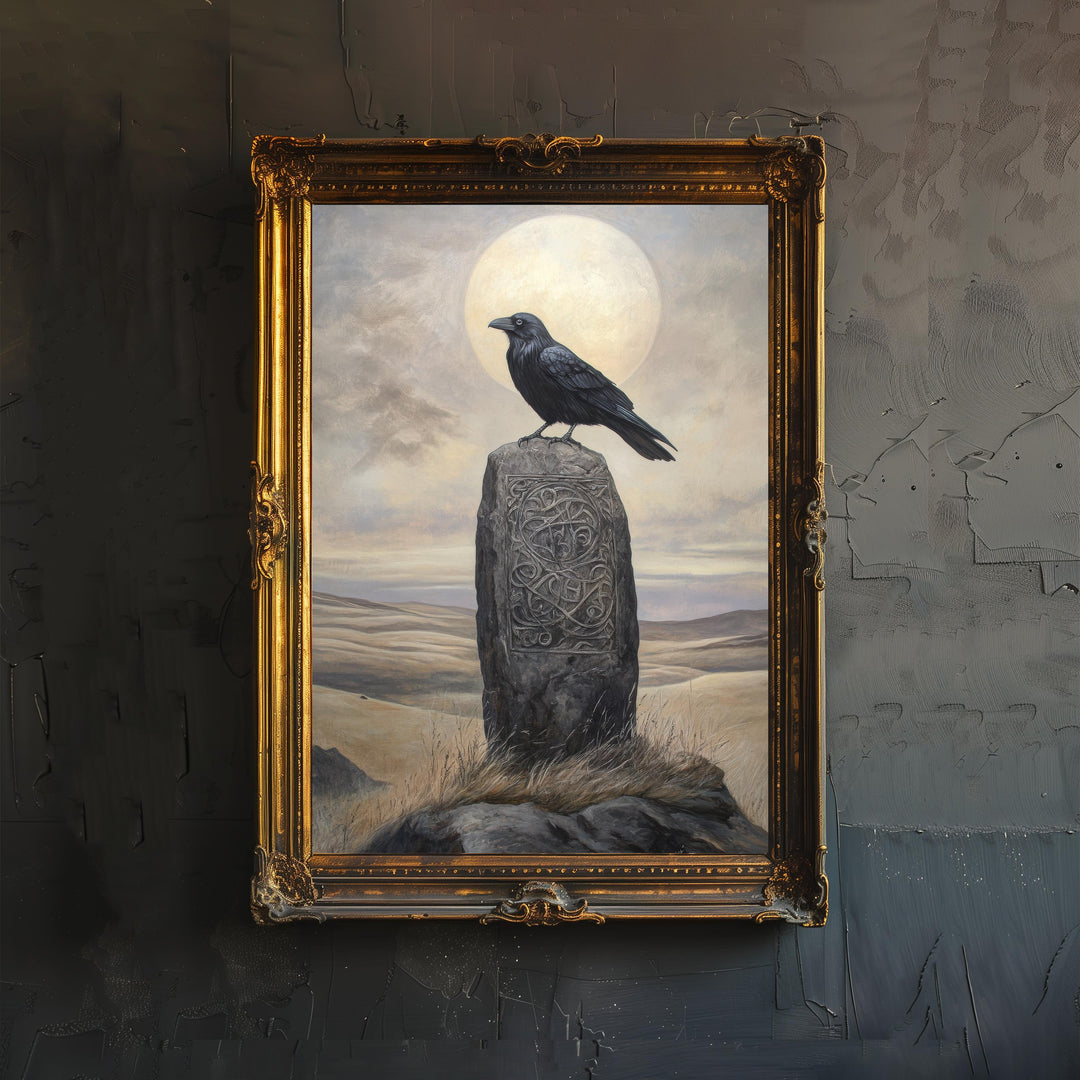Raven on Celtic Standing Stone Print Mythical Decor Gothic Wall Art Dark Academia Art Folkloric Illustration