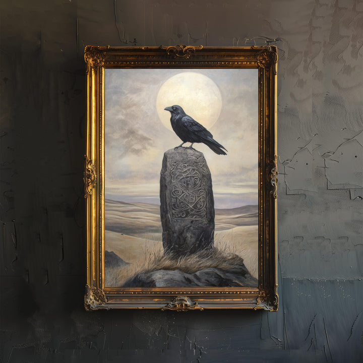 Raven on Celtic Standing Stone Print Mythical Decor Gothic Wall Art Dark Academia Art Folkloric Illustration