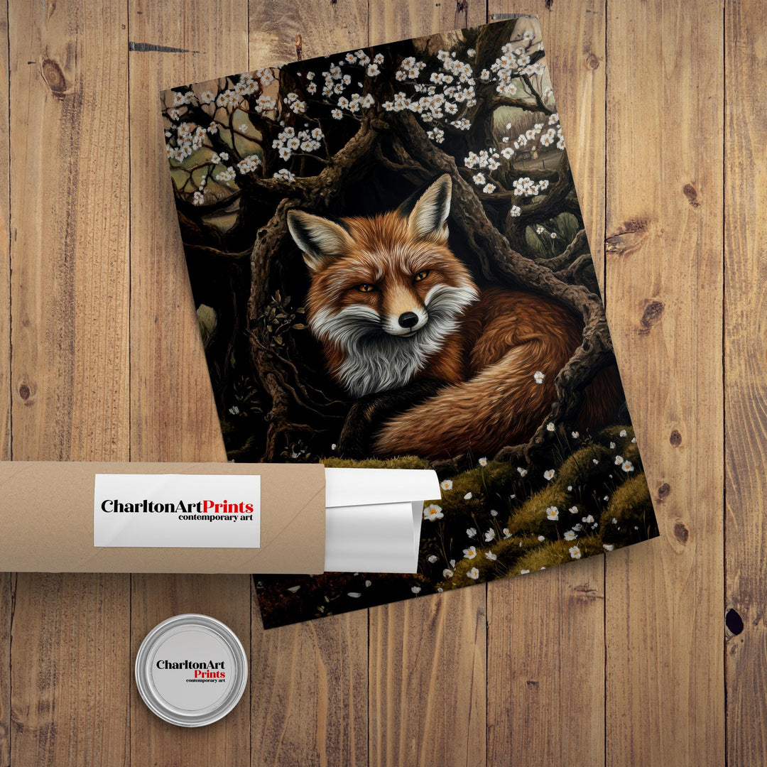 Fox Among Hawthorn Roots Poster Cottagecore Decor Dark Academia Art Enchanted Wildlife Illustration Vintage Nature Wall Art