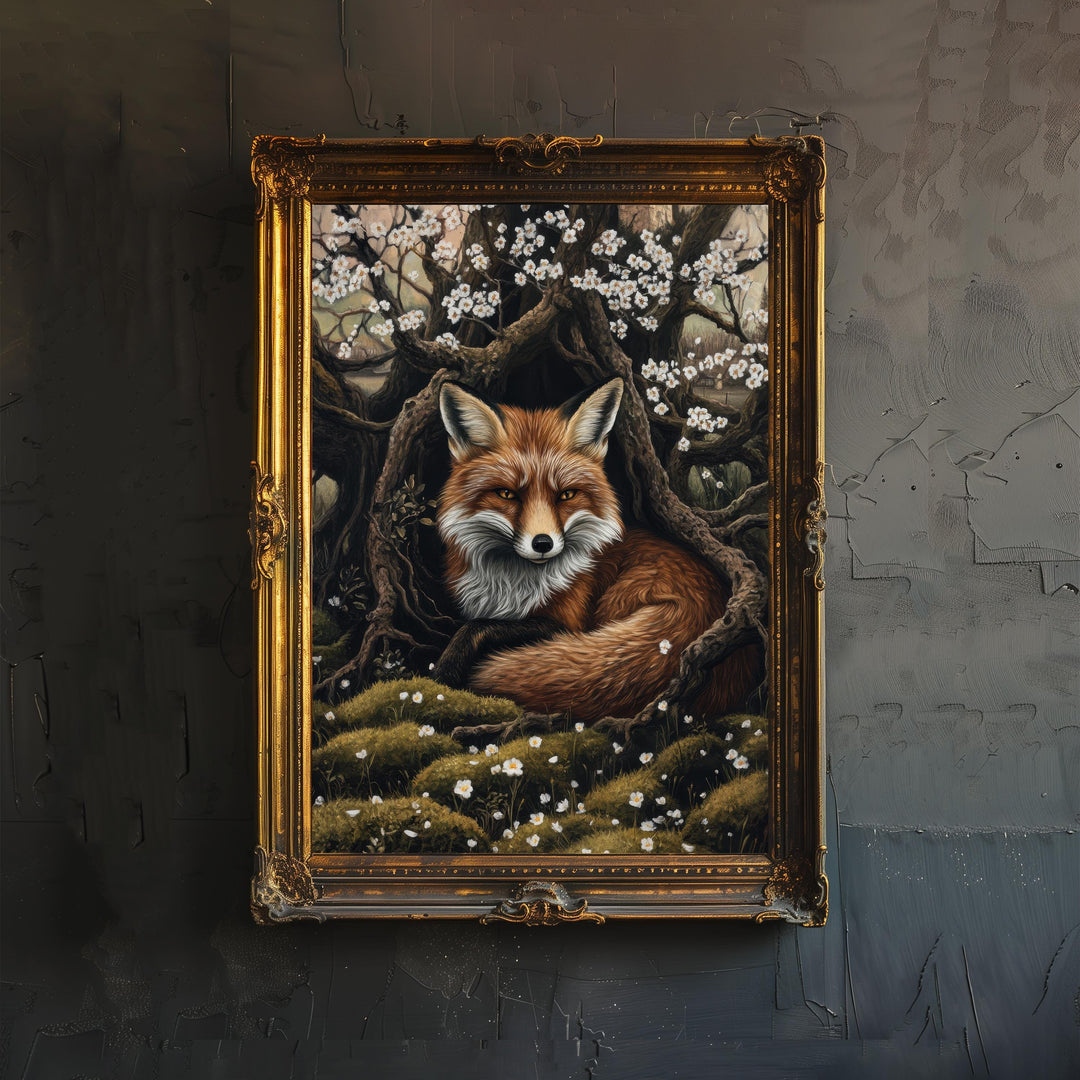 Fox Among Hawthorn Roots Poster Cottagecore Decor Dark Academia Art Enchanted Wildlife Illustration Vintage Nature Wall Art