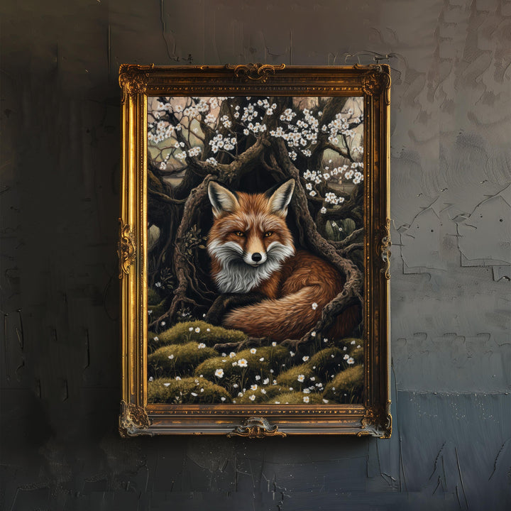Fox Among Hawthorn Roots Poster Cottagecore Decor Dark Academia Art Enchanted Wildlife Illustration Vintage Nature Wall Art