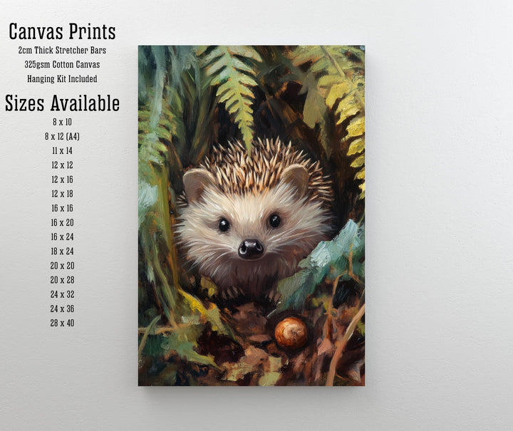 Hedgehog Beneath Fern Fronds Poster Cottagecore Decor Dark Academia Art Enchanted Wildlife Illustration Vintage Nature Wall Art