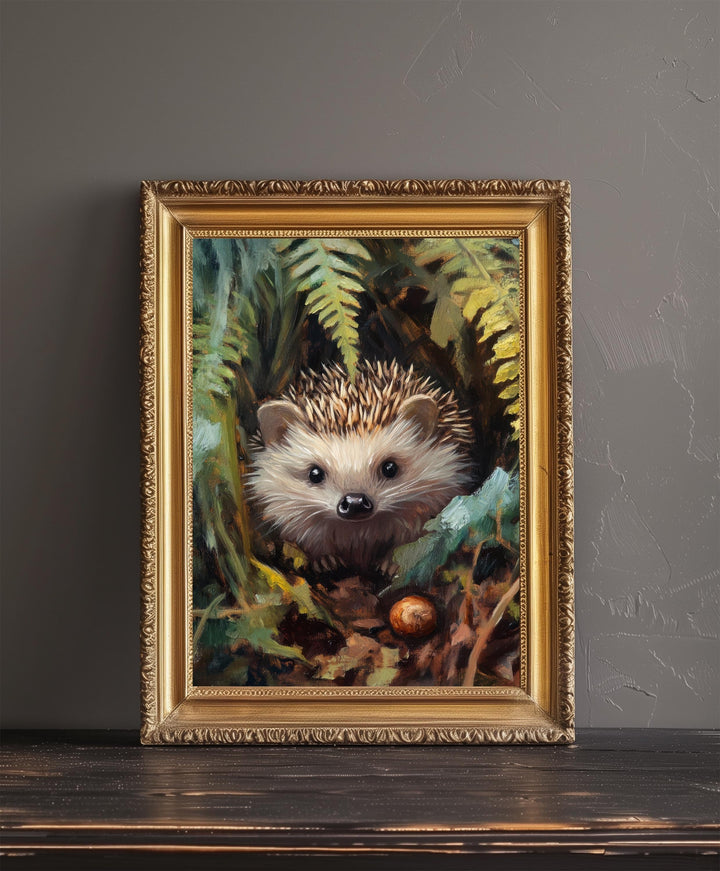 Hedgehog Beneath Fern Fronds Poster Cottagecore Decor Dark Academia Art Enchanted Wildlife Illustration Vintage Nature Wall Art