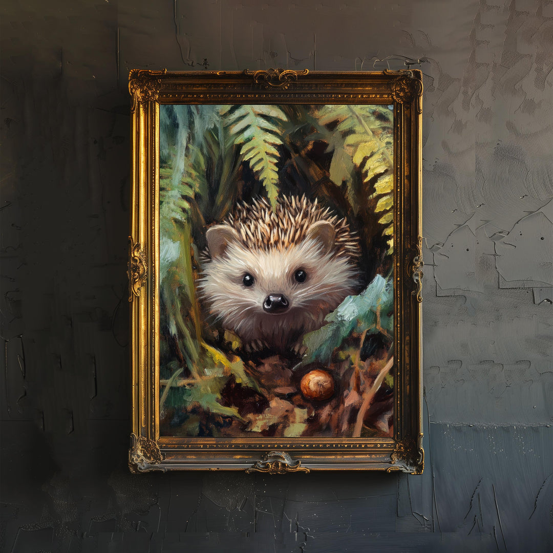 Hedgehog Beneath Fern Fronds Poster Cottagecore Decor Dark Academia Art Enchanted Wildlife Illustration Vintage Nature Wall Art