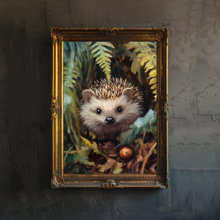 Hedgehog Beneath Fern Fronds Poster Cottagecore Decor Dark Academia Art Enchanted Wildlife Illustration Vintage Nature Wall Art
