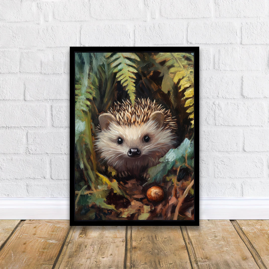 Hedgehog Beneath Fern Fronds Poster Cottagecore Decor Dark Academia Art Enchanted Wildlife Illustration Vintage Nature Wall Art