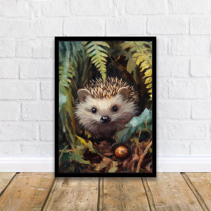 Hedgehog Beneath Fern Fronds Poster Cottagecore Decor Dark Academia Art Enchanted Wildlife Illustration Vintage Nature Wall Art