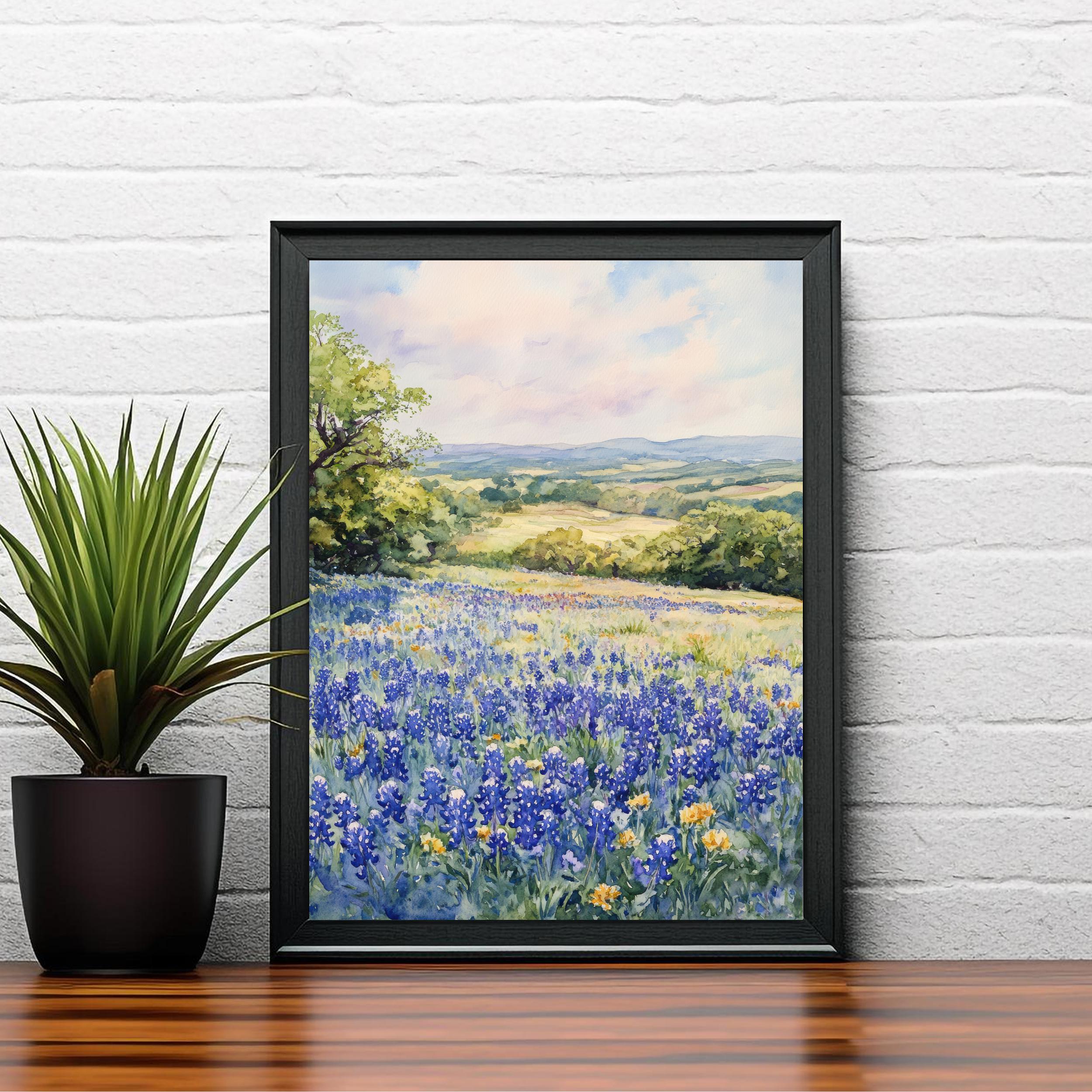Texas Hill Country Watercolor Art Print Bluebonnets Painting Texas Wall Decor Travel Gift