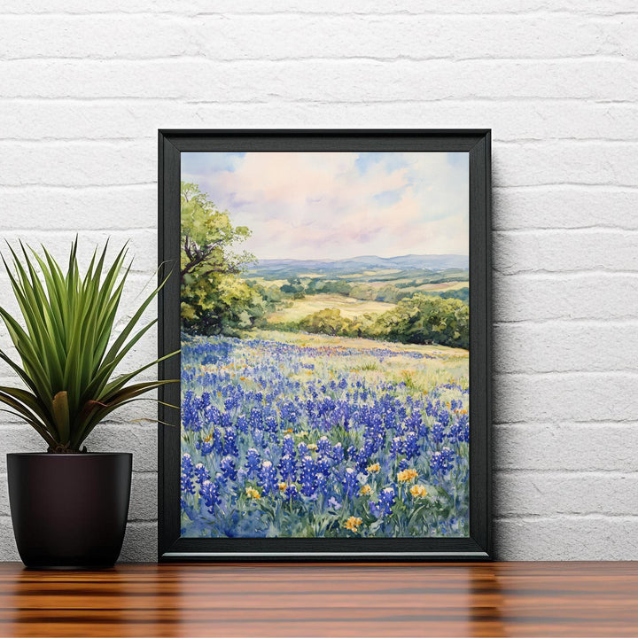 Texas Hill Country Watercolor Art Print Bluebonnets Painting Texas Wall Decor Travel Gift