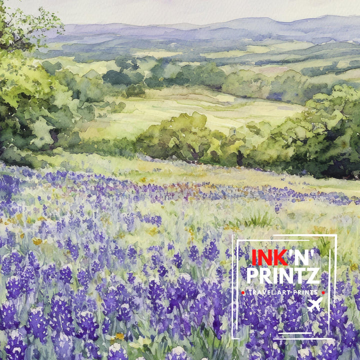 Texas Hill Country Watercolor Art Print Bluebonnets Painting Texas Wall Decor Travel Gift