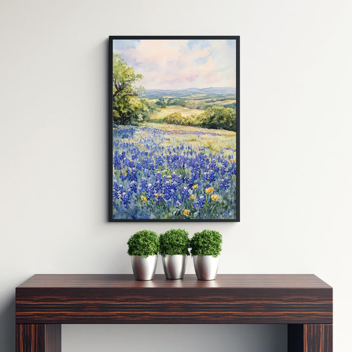 Texas Hill Country Watercolor Art Print Bluebonnets Painting Texas Wall Decor Travel Gift