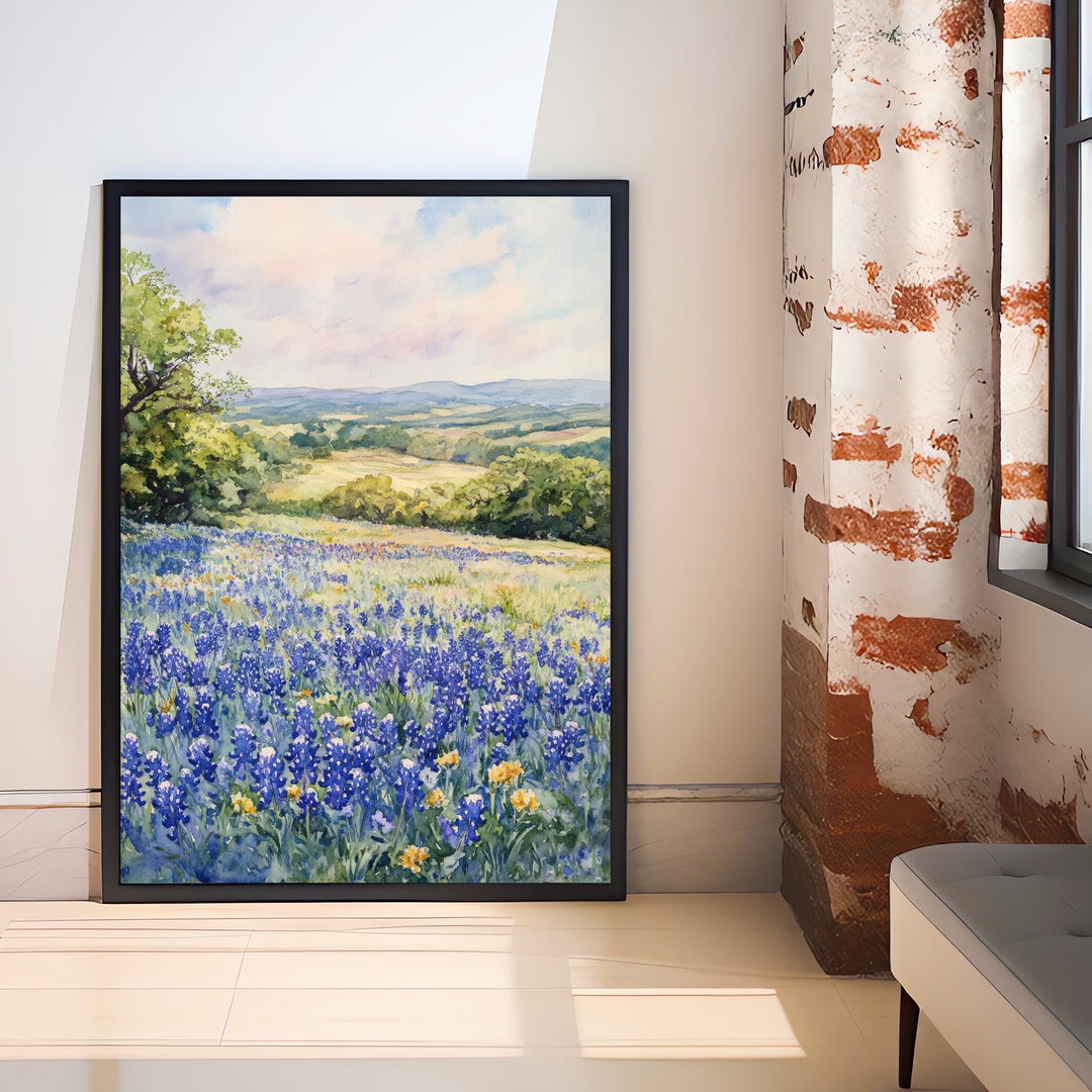 Texas Hill Country Watercolor Art Print Bluebonnets Painting Texas Wall Decor Travel Gift