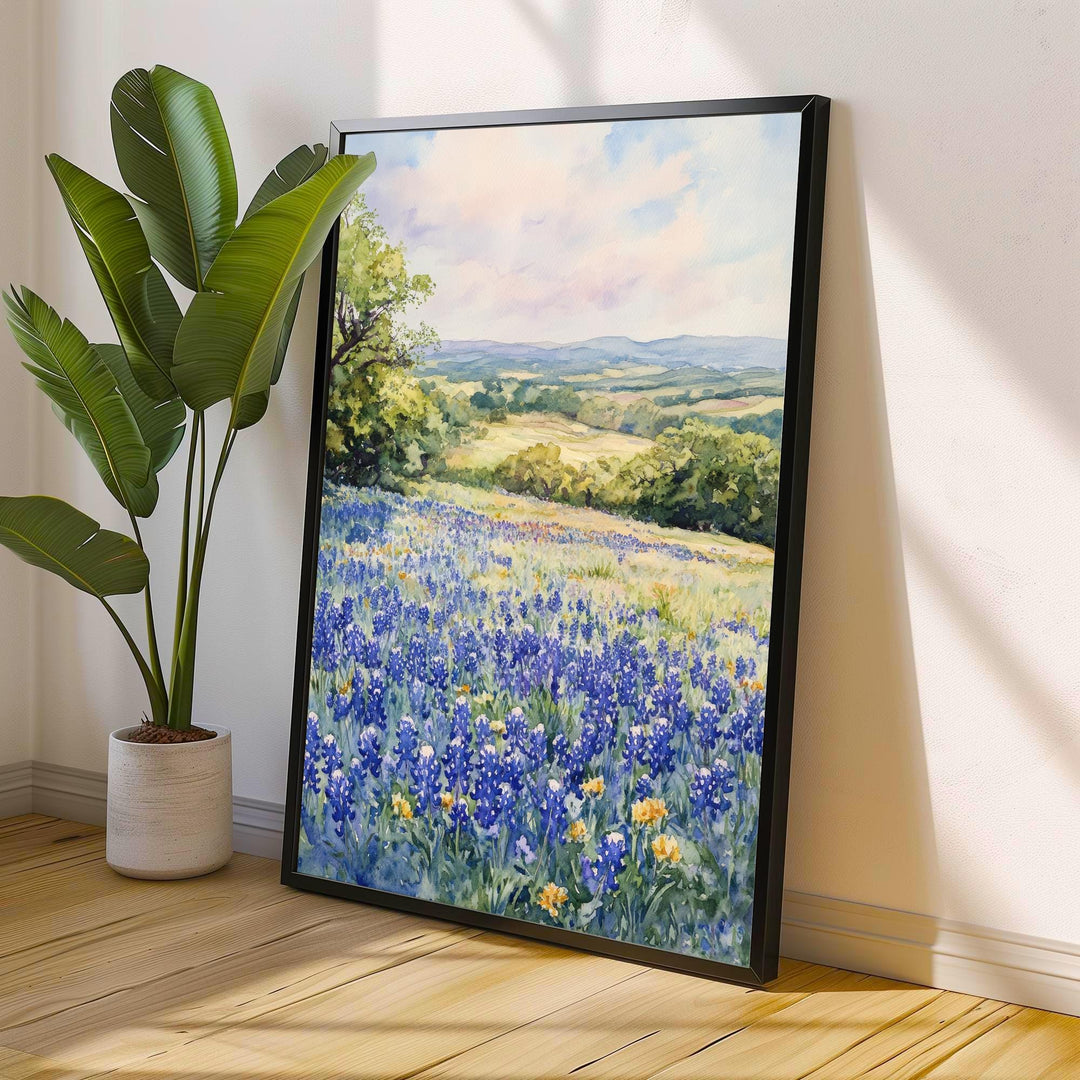 Texas Hill Country Watercolor Art Print Bluebonnets Painting Texas Wall Decor Travel Gift