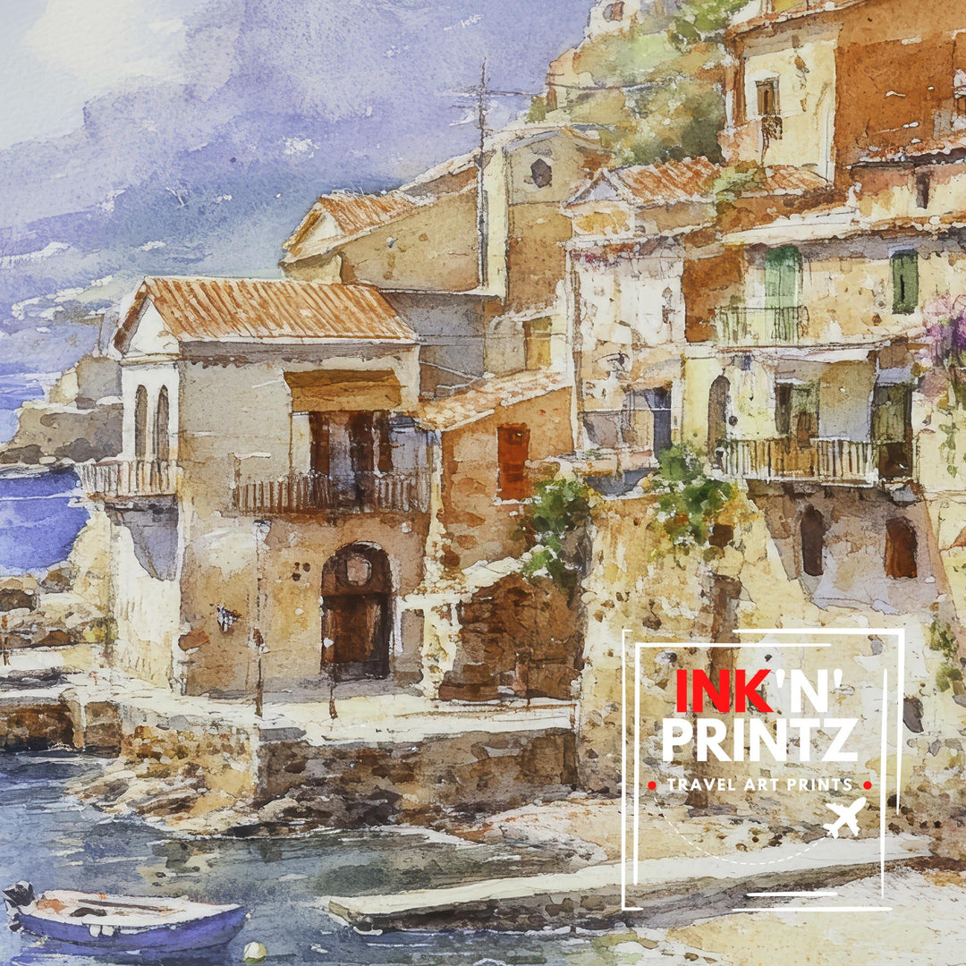 Sicily Italy Watercolor Art Print, Mount Etna Painting Mediterranean Travel Wall Decor, Italian Gift