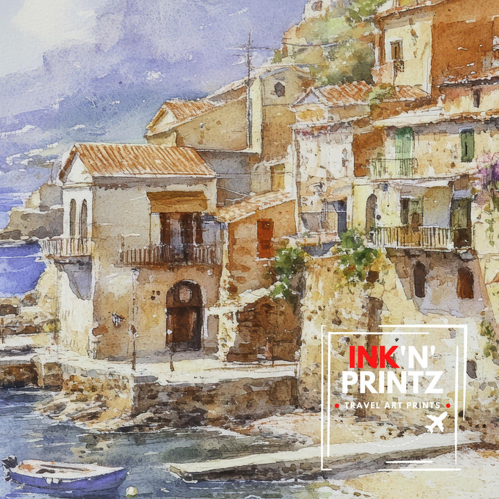 Sicily Italy Watercolor Art Print, Mount Etna Painting Mediterranean Travel Wall Decor, Italian Gift