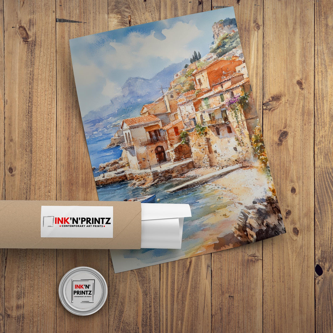 Sicily Italy Watercolor Art Print, Mount Etna Painting Mediterranean Travel Wall Decor, Italian Gift