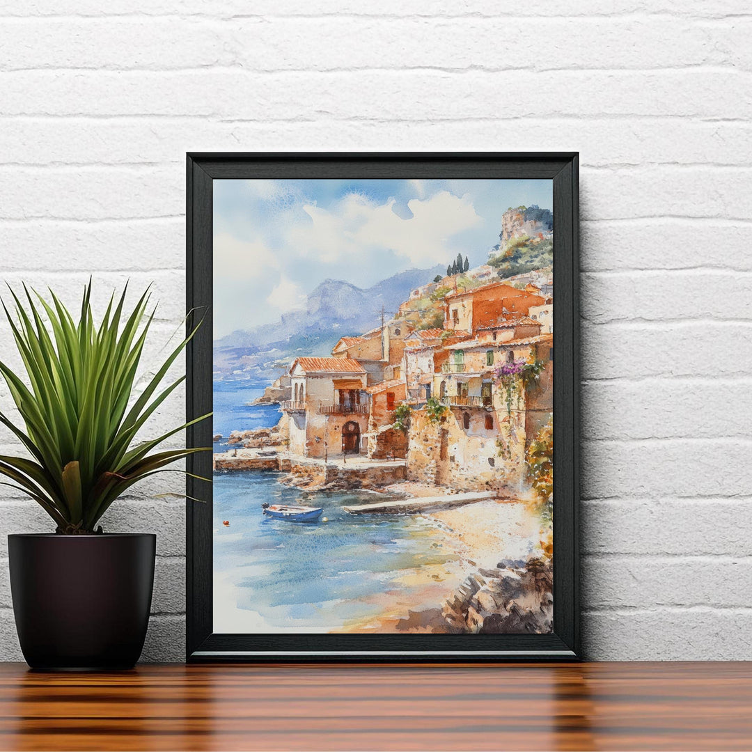 Sicily Italy Watercolor Art Print, Mount Etna Painting Mediterranean Travel Wall Decor, Italian Gift