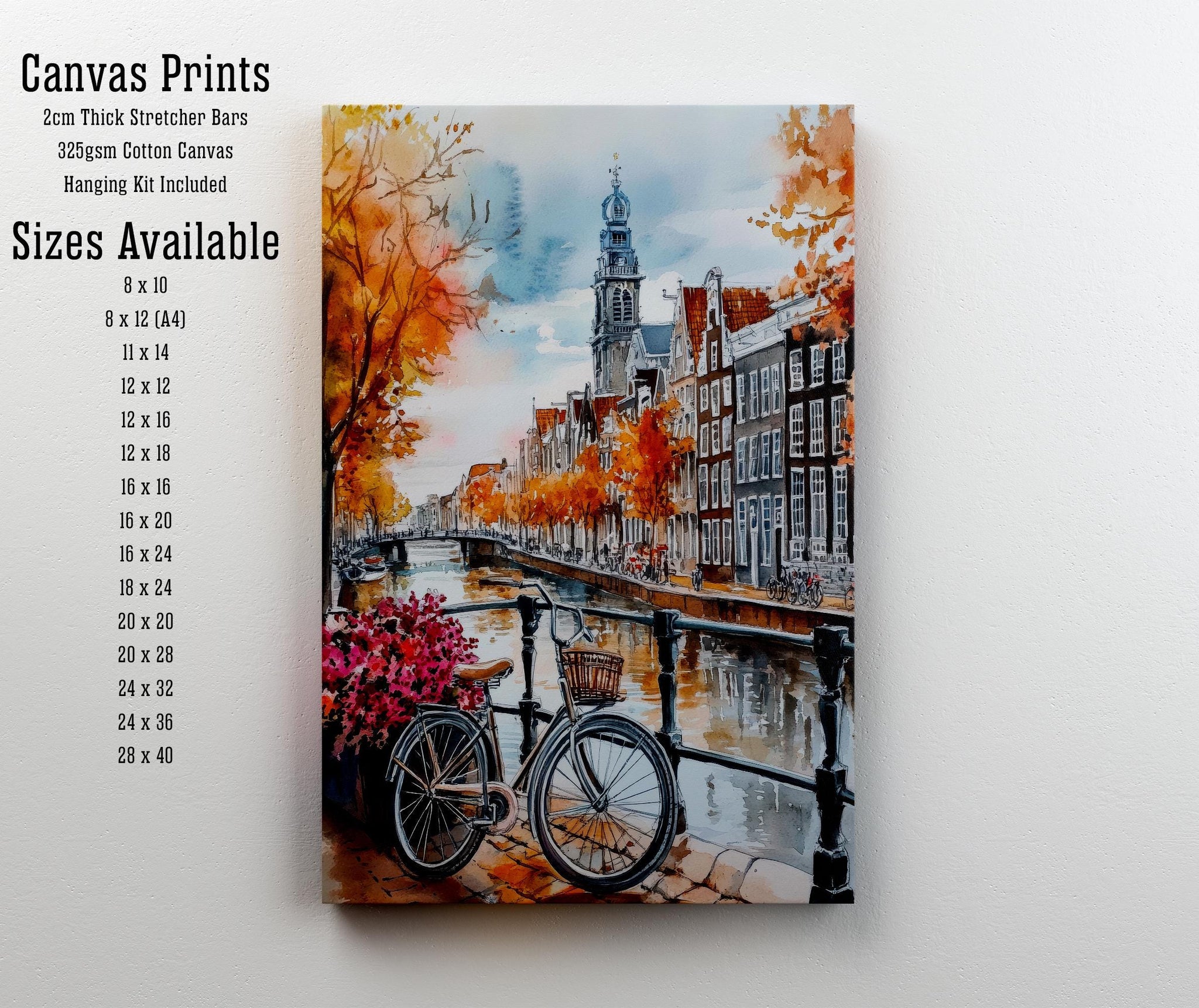 Amsterdam Watercolor Painting Netherlands Wall Art Canal Houses Print European Cityscape Decor Travel Gift