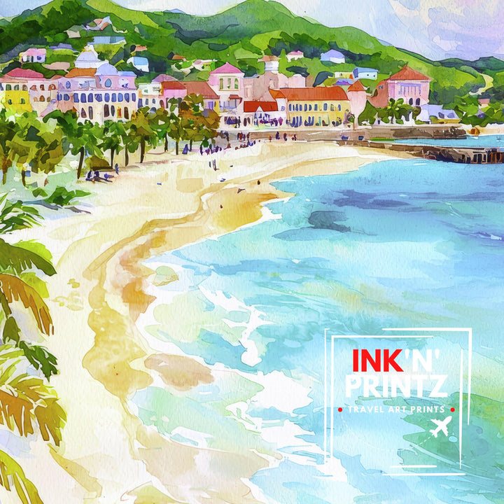 Antigua Watercolor Painting Caribbean Wall Art Tropical Island Print Coastal Decor Travel Gift