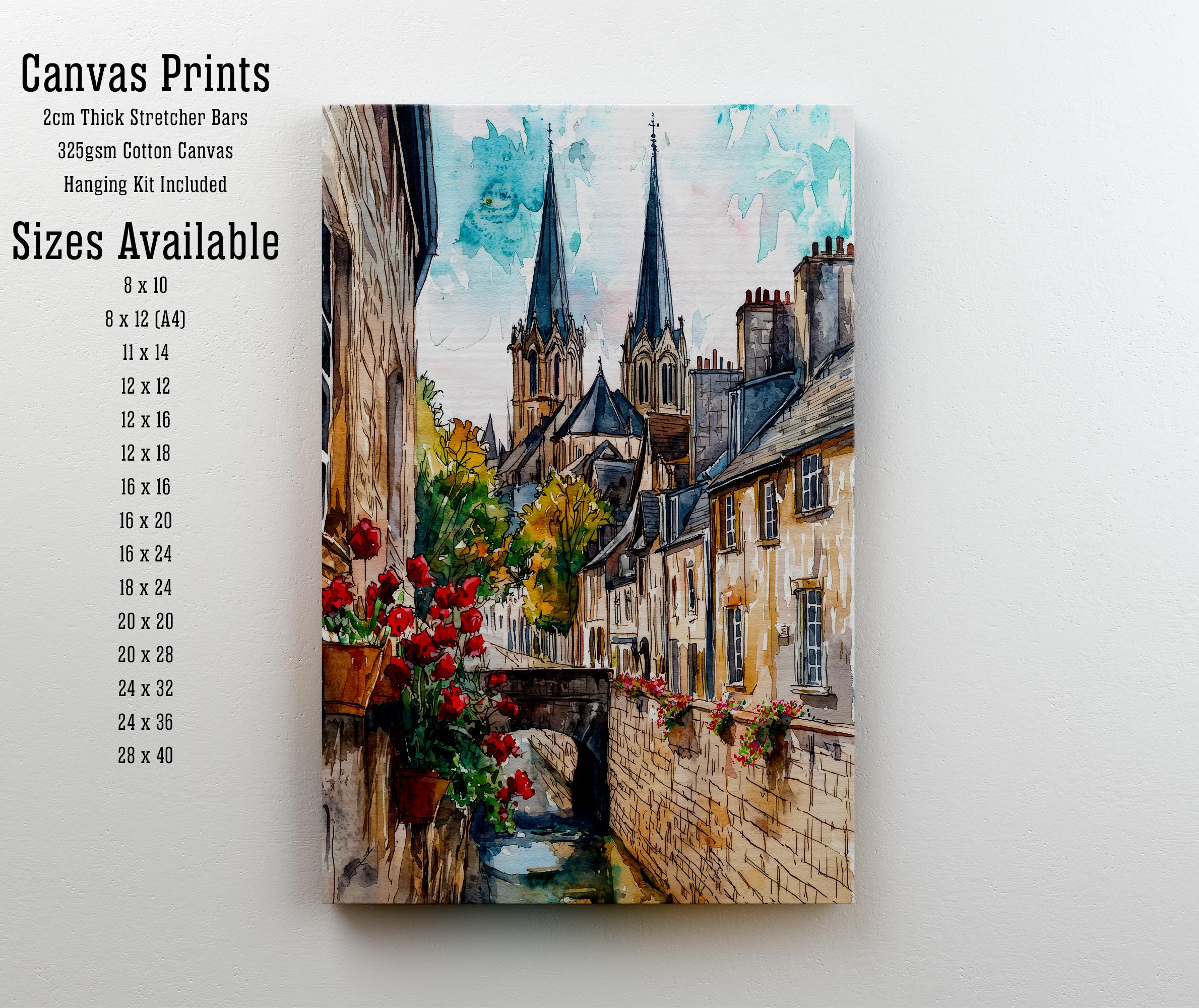 Bayeux Watercolor Painting Normandy Wall Art Historic French Town Print Cathedral Decor Travel Gift