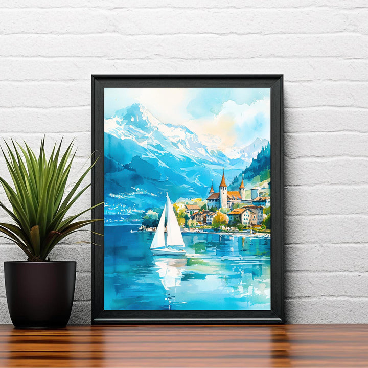 Lake Geneva Travel Poster Print Switzerland Wall Art Scenic Alpine Landscape Decor Gift for Europe Lovers