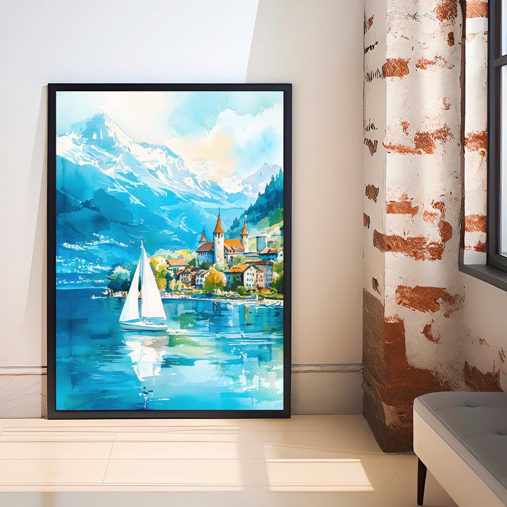 Lake Geneva Travel Poster Print Switzerland Wall Art Scenic Alpine Landscape Decor Gift for Europe Lovers